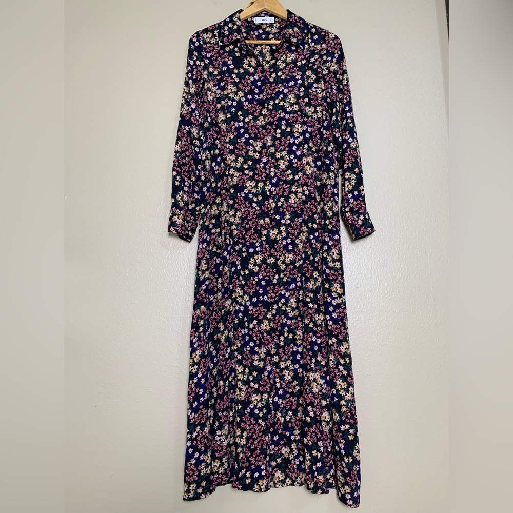 Mango Midi Dress Flowy Floral Black‎ Pink Buttons Boho Long Sleeves Women’s 4 US - Picture 2 of 5